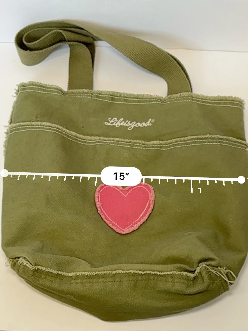 Life is Good Olive Canvas Frayed Heart Tote